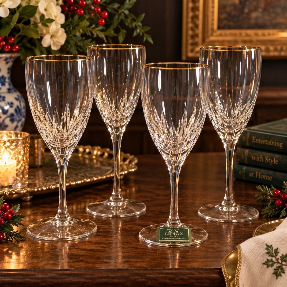 Lenox Firelight Gold Crystal Water Goblet Iced Tea Glasses Set 4 NWT USA